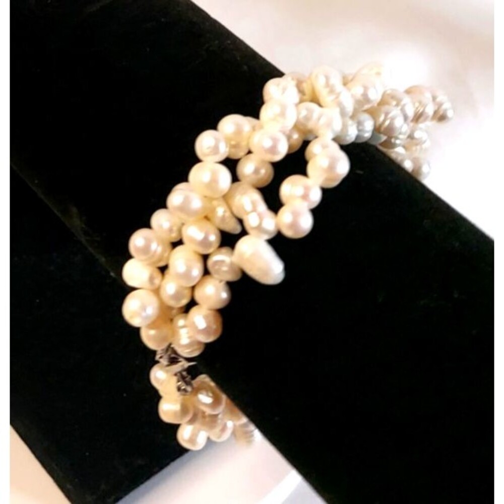 Triple Strand White Color Cultured Pearls Bracelet 8 inches silver tone Clasp